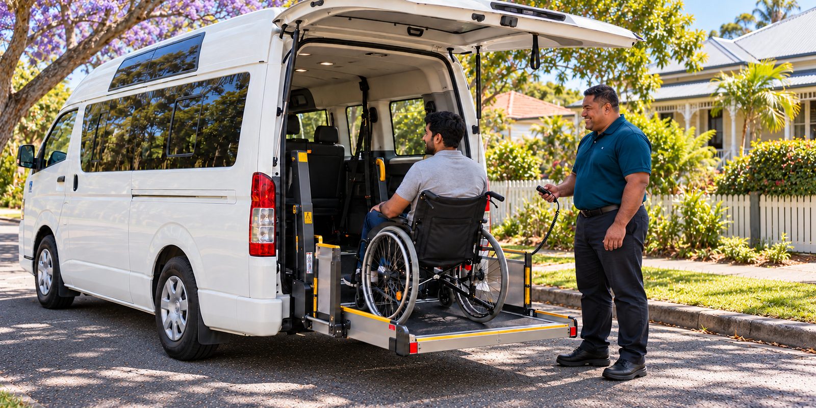 A driver operates the rear wheelchair lift as a passenger, seated in his wheelchair, is raised into the van.